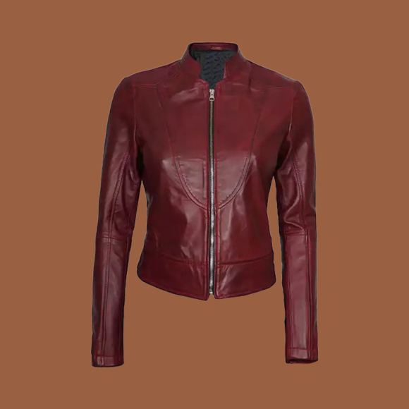 Women’s slim-fit maroon leather biker jacket with zip-front closure and tailored silhouette — genuine leather outerwear for women.