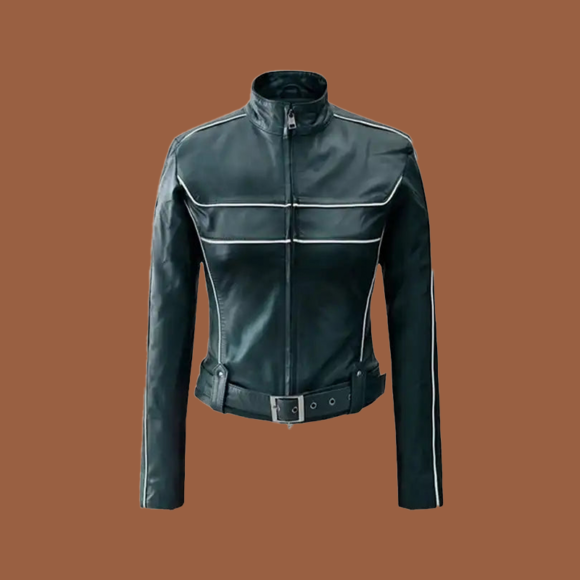 Women’s soft Prussian-blue biker leather jacket