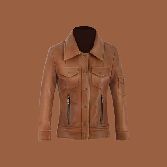 Women’s tan leather trucker jacket