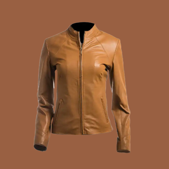 Women’s tan short leather jacket with zipper