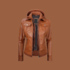 Women’s tan wax leather jacket with detachable hood