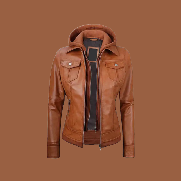 Women’s tan wax leather jacket with detachable hood