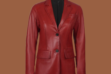 Women’s two‑button red leather blazer jacket