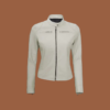 Women’s white leather café‑racer jacket with stand collar and front zip closure — genuine leather outerwear for women.