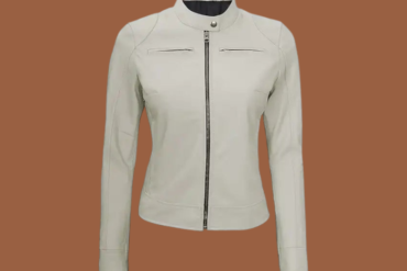 Women’s white leather café‑racer jacket with stand collar and front zip closure — genuine leather outerwear for women.