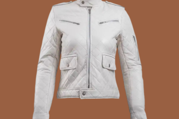 Women’s white leather moto-style jacket with diamond-quilted shoulder detail and front zip — genuine leather outerwear for women.