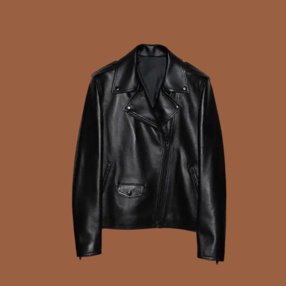 Women’s all-black zipper biker leather jacket
