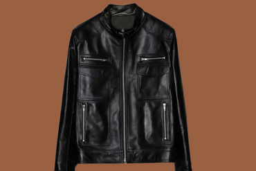 Women’s band‑collar black leather biker jacket
