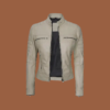 Women’s beige leather cafe‑racer jacket with stand collar and front zip closure — genuine leather outerwear for women.