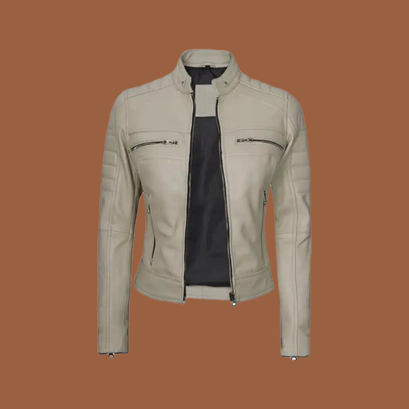 Women’s beige leather cafe‑racer jacket with stand collar and front zip closure — genuine leather outerwear for women.