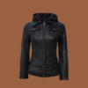 Women’s black leather jacket with hood
