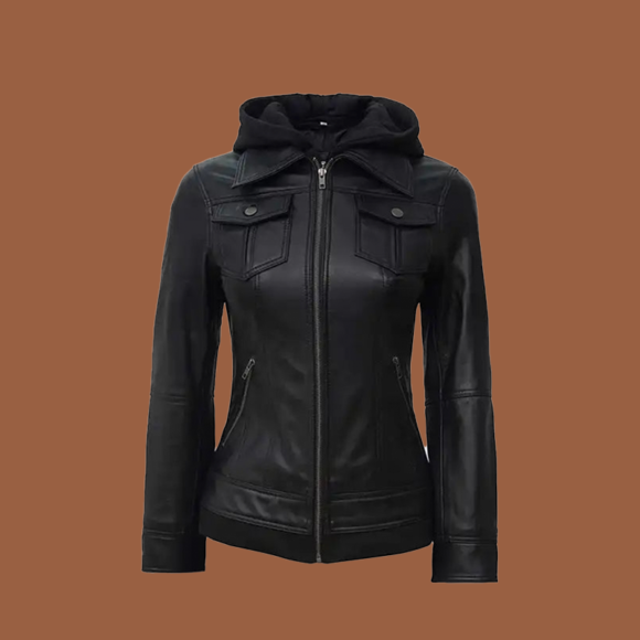 Women’s black leather jacket with hood