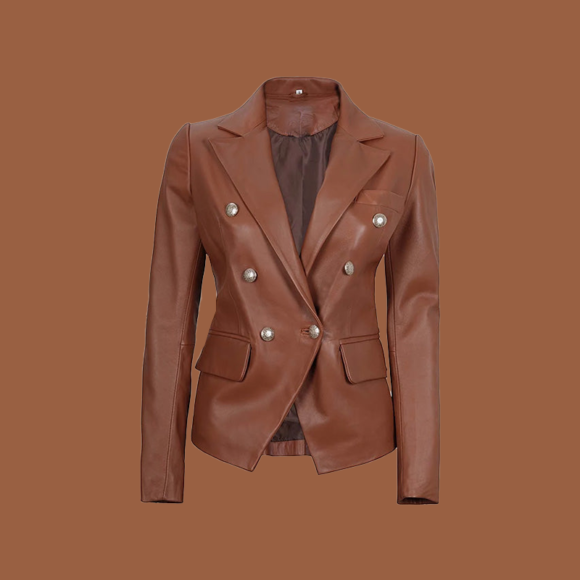 Women’s double-breasted brown leather blazer jacket