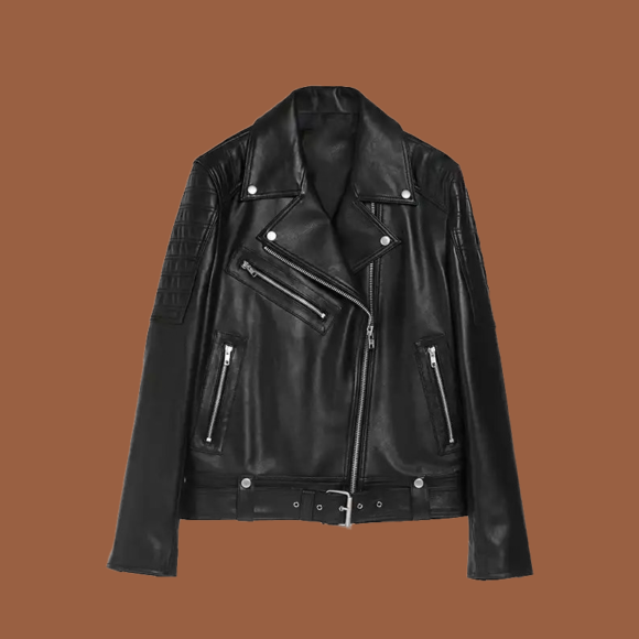 Women’s double‑stitch black leather biker jacket