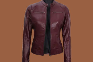Women’s maroon leather moto jacket with front zip‑closure and biker styling — genuine leather outerwear for women.