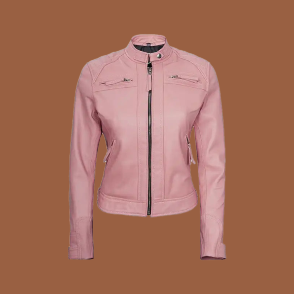 Women’s pink diamond quilted café racer leather jacket