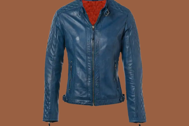 Women’s short blue leather jacket with quilted shoulders