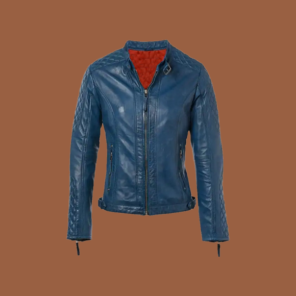 Women’s short blue leather jacket with quilted shoulders