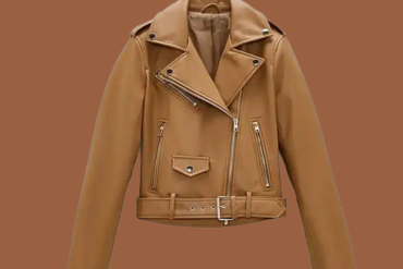 Women’s tan-brown belted moto leather jacket