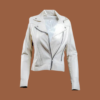 Women’s white leather biker jacket with asymmetrical zip‑front and moto lapel — genuine leather outerwear for women.