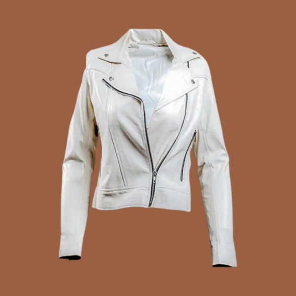 Women’s white leather biker jacket with asymmetrical zip‑front and moto lapel — genuine leather outerwear for women.