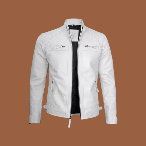 Men's Classic White Leather Cafe Racer Jacket