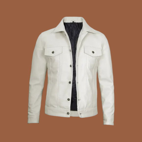 Men's Off White Real Leather Trucker Jacket
