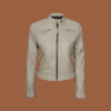 Women’s beige leather cafe‑racer jacket with diamond‑quilted detailing and front zip — premium genuine leather outerwear for women.
