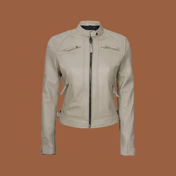 Women’s beige leather cafe‑racer jacket with diamond‑quilted detailing and front zip — premium genuine leather outerwear for women.