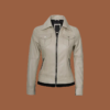 Women’s beige leather jacket with hood and zip‑front closure — genuine leather outerwear for women.