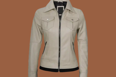 Women’s beige leather jacket with hood and zip‑front closure — genuine leather outerwear for women.