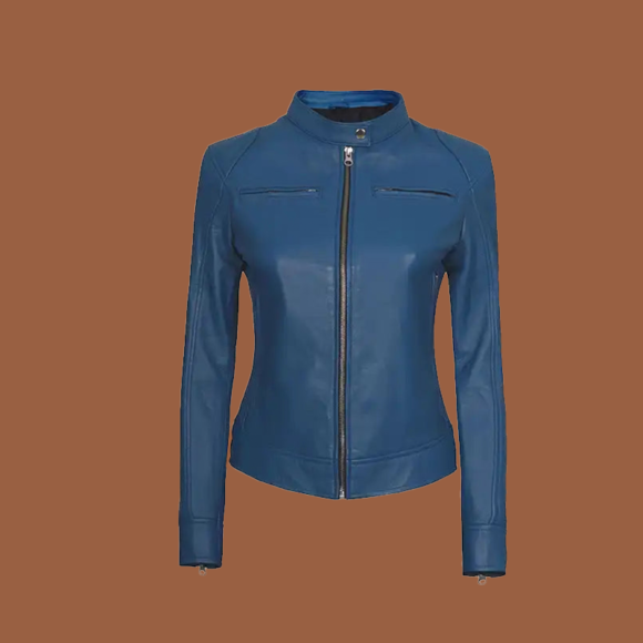 Women’s blue caféeracer leather jacket with snap‑tab collar