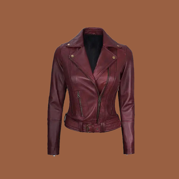 Women’s maroon leather asymmetrical motorcycle jacket with zip‐front closure and biker lapel — stylish genuine leather outerwear for women.