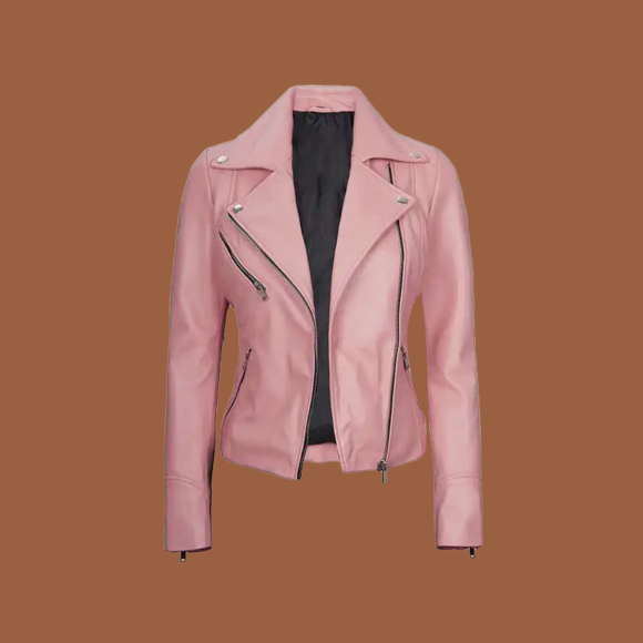 Women’s moto‑style pink leather jacket with asymmetrical zip