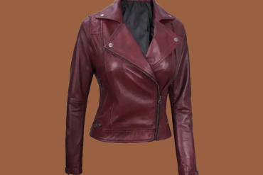 Women’s maroon leather motorcycle jacket with quilted detailing and zip front — genuine leather outerwear for women.