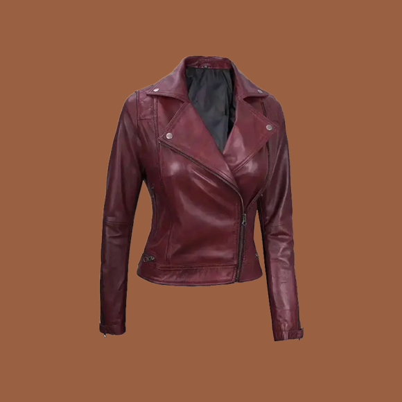 Women’s maroon leather motorcycle jacket with quilted detailing and zip front — genuine leather outerwear for women.