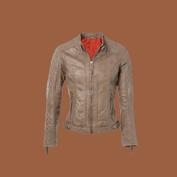 Women’s short sand leather jacket with quilted shoulders