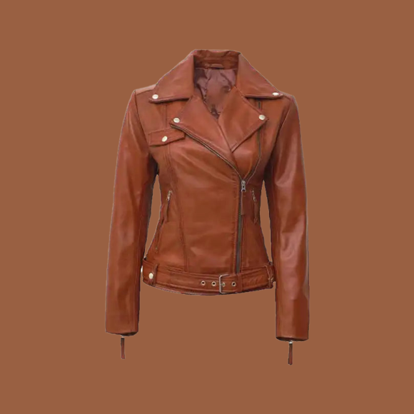 Women’s tan café racer leather jacket