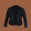 Women’s double‑breasted black leather jacket