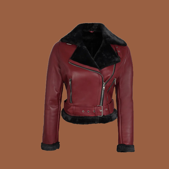 Women’s maroon and black biker shearling leather jacket with asymmetrical zip front and wool‑lined collar — genuine leather outerwear for women.