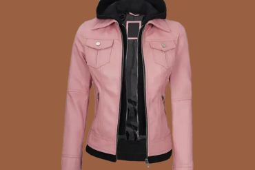 Women’s pink leather jacket with hood and front zipper