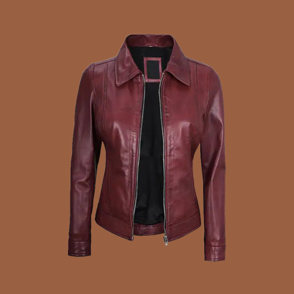 Women’s maroon leather jacket with shirt-style collar and front zipper — premium genuine leather outerwear for women.