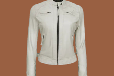 Women’s white leather moto-style jacket with diamond-quilted shoulder detail and front zip — genuine leather outerwear for women.