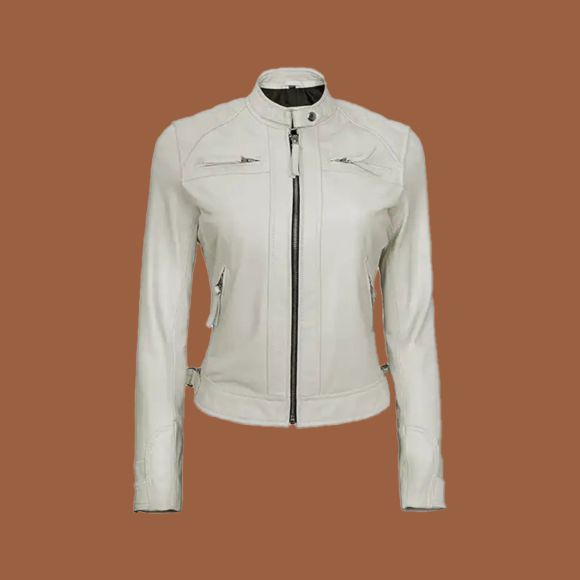 Women’s white leather moto-style jacket with diamond-quilted shoulder detail and front zip — genuine leather outerwear for women.