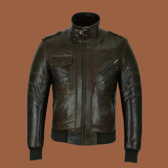 Men’s Slim Fit Brown Bomber Leather Jacket