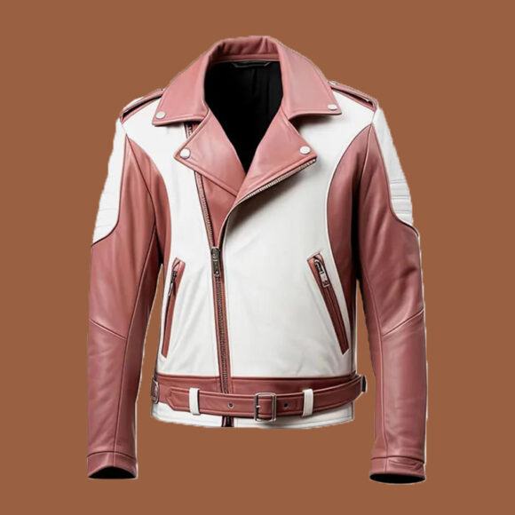 Men's White and Rosy Brown Biker Leather Jacket