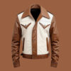 Men’s Brown and White Leather Trucker Jacket by BFI Leathers