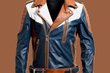 Men’s Navy Blue Brown Biker Belted Leather Jacket by BFI Leathers