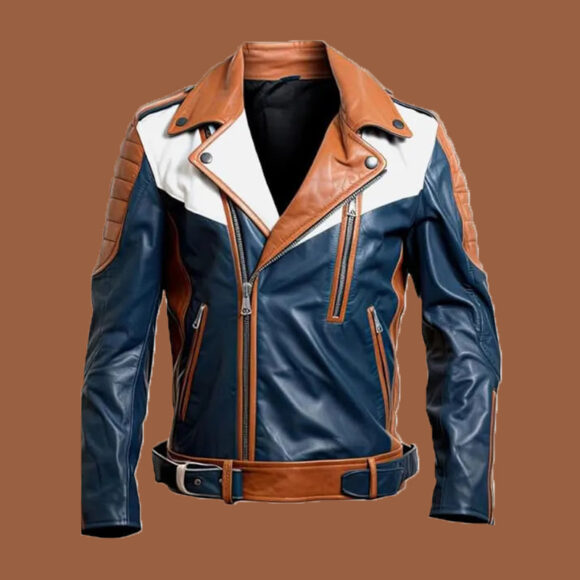 Men’s Navy Blue Brown Biker Belted Leather Jacket by BFI Leathers