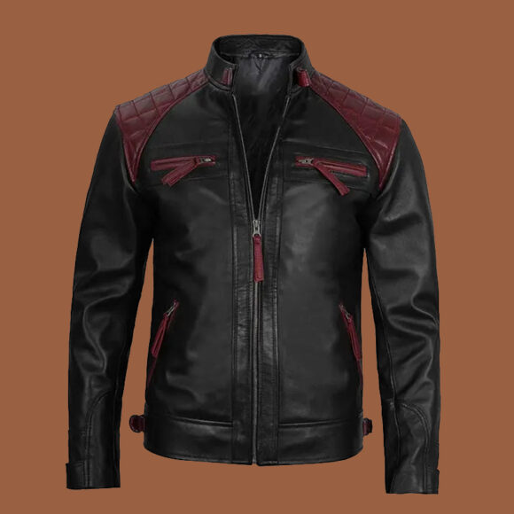 Men’s quilted black and maroon leather cafe racer jacket